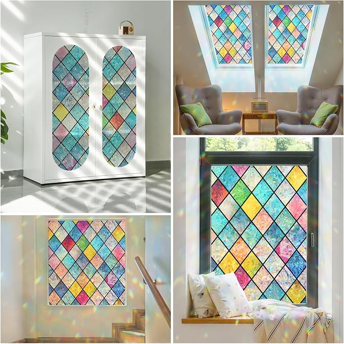 Haton Stained Glass Winodw Film, Rainbow Lattice Stickers, 35.4" x 118.1"