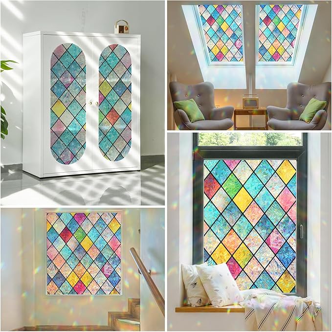 Haton Stained Glass Winodw Film, Rainbow Lattice Stickers, 35.4" x 78.7"