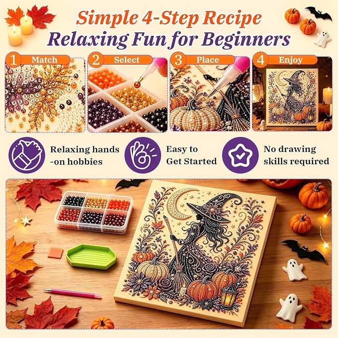 Irsnianianfa Halloween Pearl Art Kit for Adults,Diamond Art Painting Crafts Kit,Spooky Cute Witch & Pumpkin Canvas Art,DIY Fall Home Decor & Wall Art (A-01)