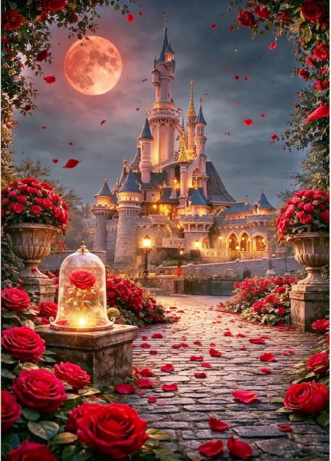 Castle Diamond Art Kits for Adults, Rose Diamond Painting Kits for Beginner | Moon Diamond Dots Full Drill Crafts for Gem Art Dot Art for Adults Home Wall Decor for Teens Boys Girls 5D DIY 12x16 inch