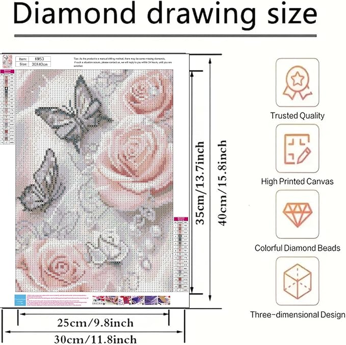 5D Diamond Painting Kits for Adults, Butterfly Rose Flower Diamond Art Kits | DIY Full Drill Diamond Dot Gem Painting for Home Wall Decor 12x16inch