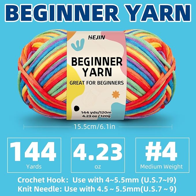 120g Blue Yarn for Crocheting and Knitting; Rainbow Yarn for Beginners with Easy-to-See Stitches;Worsted-Weight Medium #4 for Beginners Crochet Kit Making