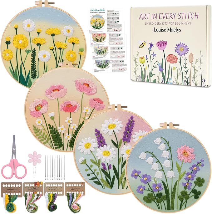 Louise Maelys 4 Pack Watercolor Floral Embroidery Kit for Beginners