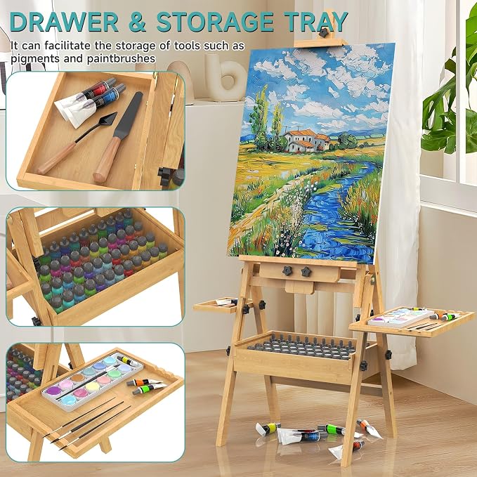 Solid Beech Wood H-Frame Easel with 2 Palette and Storage | Professional Foldable Studio Art Easel Stand with Signature Box for Adults, Holds Canvas Art up to 48"
