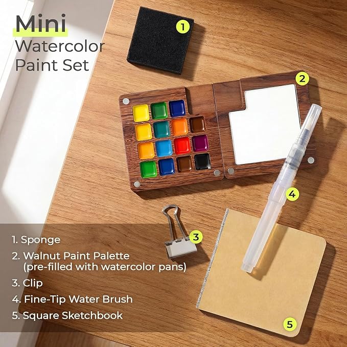 Mini Watercolor Travel Set, 15 Color Pocket Watercolor Paint Set
