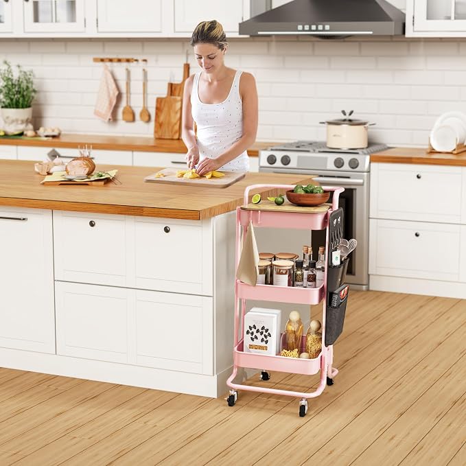 DTK 3-Tier Rolling Cart with Table Top, Metal Utility Cart with Side Bags