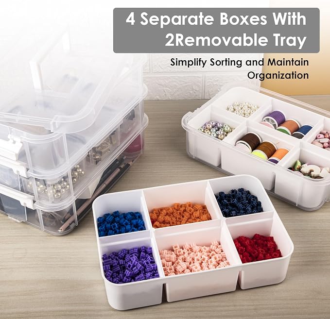 CraftGenes Craft Organizer, 4 Tier Storage Box with Removable Trays, White | 4 Storage Tiers; 2 Removable Trays; Side Latches; Stackable Design; For Beads, Thread, Tools, Crafts and Accessories