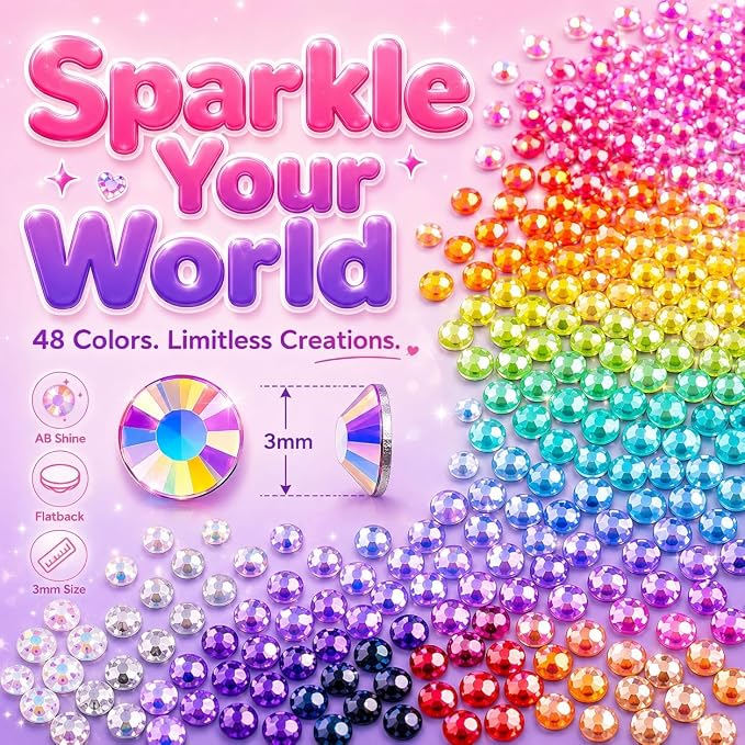 Redtwo 60,000 Pcs 48 Colors Resin Jelly Rhinestones for Bedazzling Kit | 3mm Flatback Rhinestones for Crafting, Bedazzler Kit with 2 x 50ml Glue and Tools, Bedazzling Gems for Clothes, Books & Shoes