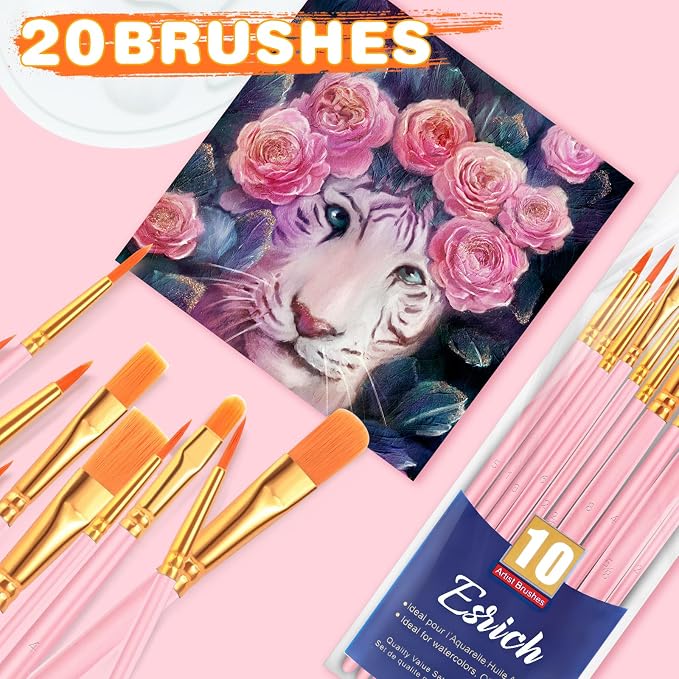 ESRICH 20PCS Pink Paint Brushes, Paint Brush for Acrylic Painting | Artist Paintbrushes for Oil Watercolor, Body Face Rock Canvas, Small Paint Brushes for Kids