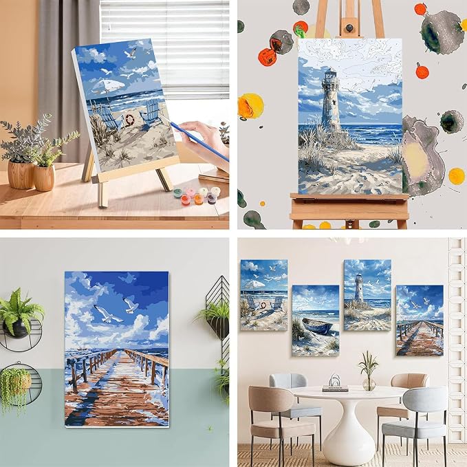 4 Pack Beach Paint by Numbers for Adults with Framed Canvas - Wooden Easel | Beach Paint by Number on Canvas, DIY Coast Acrylic Oil Painting Kits with Brushes for Home Wall Decor (8x12 inch)