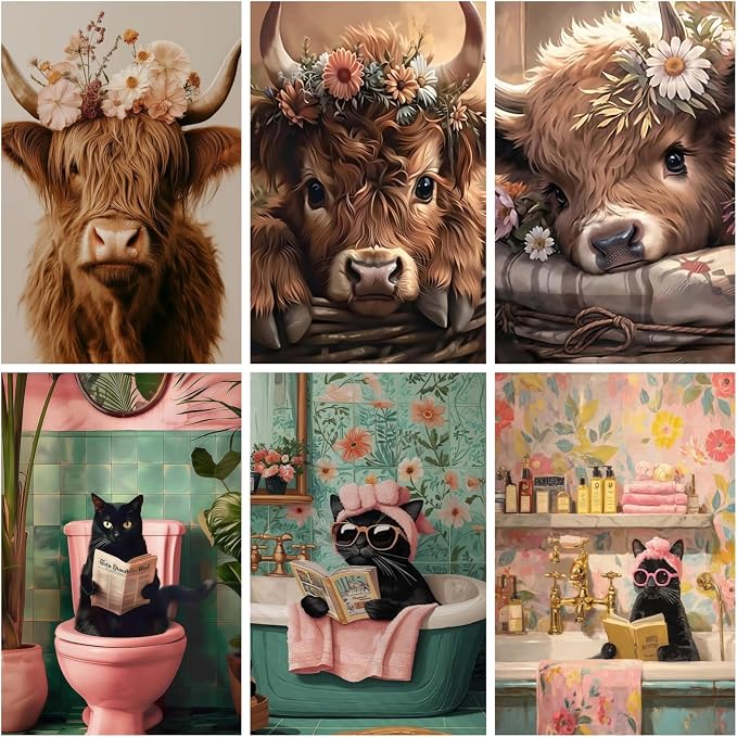 6 Pack 5D Highland Cow Black Cat Diamond Painting Kits 9.8x13.7 Inch