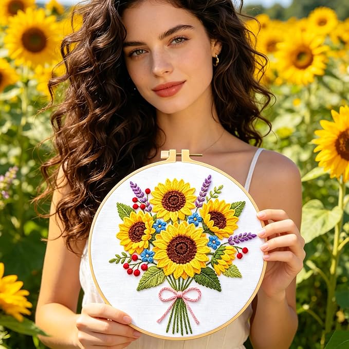 BEUNITONE 4pcs Embroidery Kit, Flower Stamped Embroidery Kits with Hoop, Thread & Needles, Colorful Bouquet Cross Stitch Kits Sewing Gifts for Adults and Beginners, DIY Craft for Relaxation