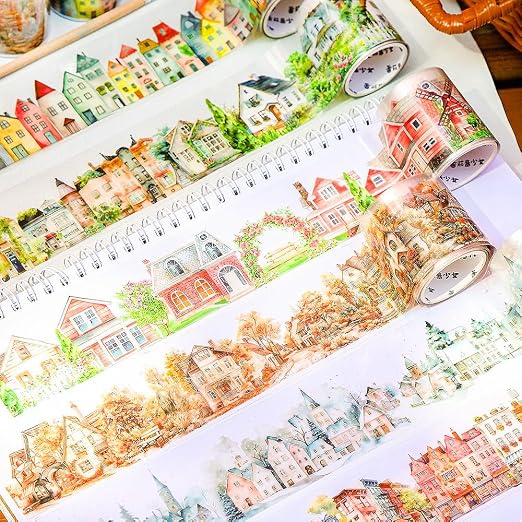 Town Landscape PET Tape Scrapbook Supplies Vintage Town Building Decorative Tape Scrapbook Stickers Aesthetic House Building Washi Tape Stickers For Scrapbooking Junk Journal Journaling Supplies