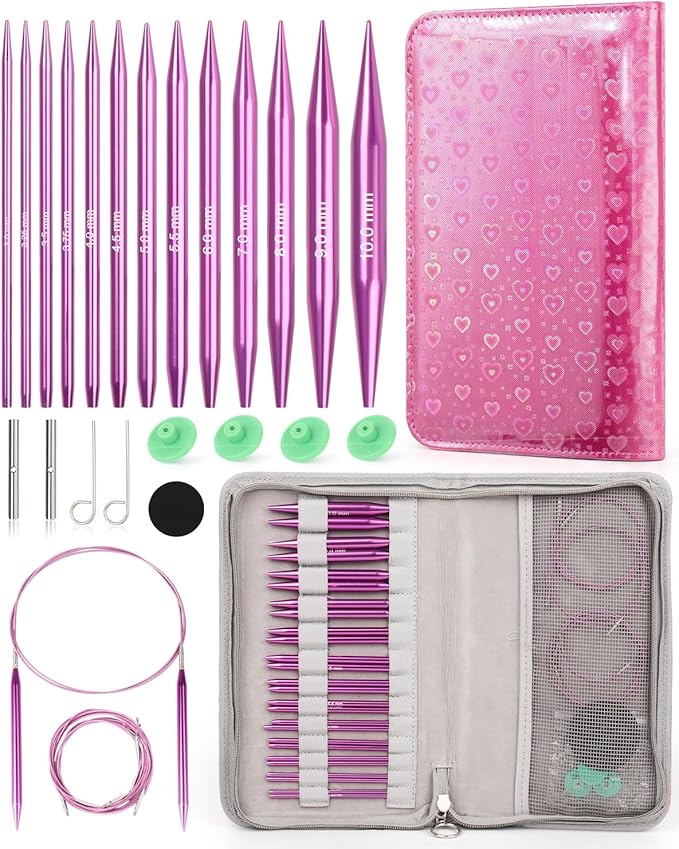 Aeelike Interchangeable Knitting Circular Needles 3-10.0mm, Purple Heart | Aluminum Interchangeable Knitting Needles with 4 Cables, Smooth Complete Needles Set for Socks Blankets Sweaters, Ideal Gift