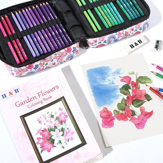 H & B 120 Colored Soft-core Coloring Pencils Set, Coloring Book and Portable Storage Bag for Painting, Art Supplies Gift for Artists Adult Children Beginners