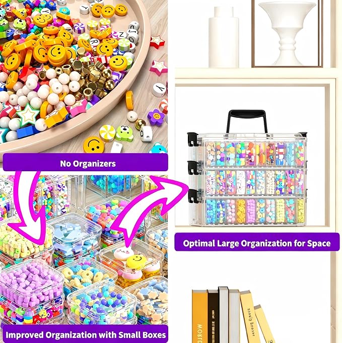 3-Tier Large Capacity Stackable Bead Organizer Box 90 Pcs, Portable Plastic Craft Storage Containers for Jewelry Making, Bracelets, DIY, Nail Art Charms