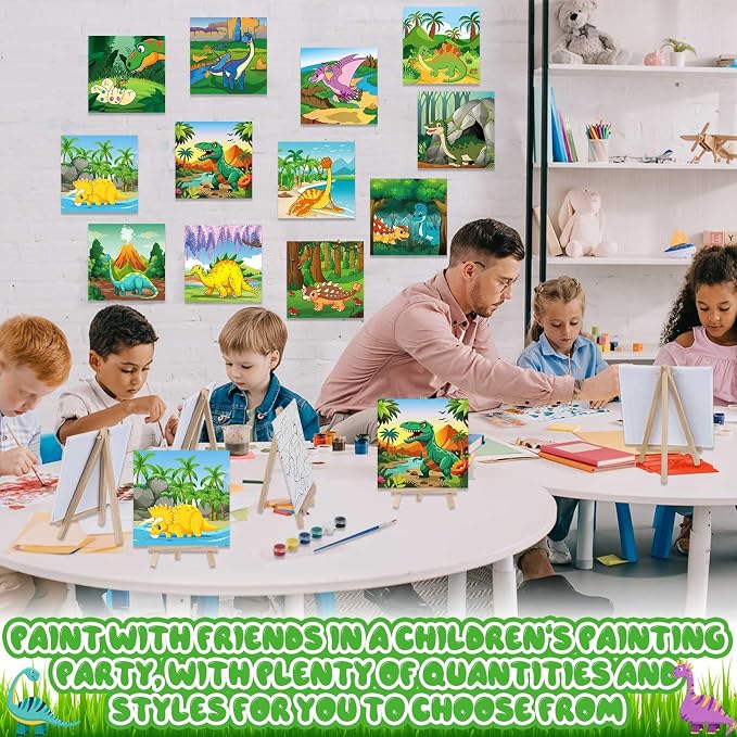 Tenceur 12 Sets Pre Drawn Canvas to Paint Adult Stretched Coloring Painting Canvas Panels with Design Easel and Brushes for Party Supplies Beginner Favor(Dinosaur)