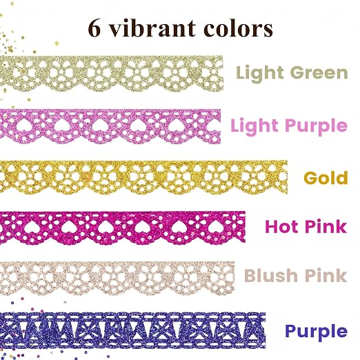 SallyFashion 6Rolls Glitter Lace Washi Tape Set, Decorative Scrapbook Tape | Self-Adhesive, 6 Colors, for Scrapbooking Supplies, Card Making, Aesthetic Journaling and DIY Craft Projects Gift Wrapping