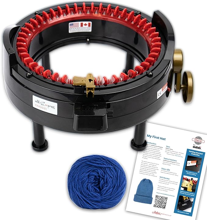 Addi Express King Size Knitting Machine Set, 46 Needles Circular Loom with Hand Crank, Row Counter, Maker’s Mercantile Yarn Cake (Color May Vary), and Hat Pattern