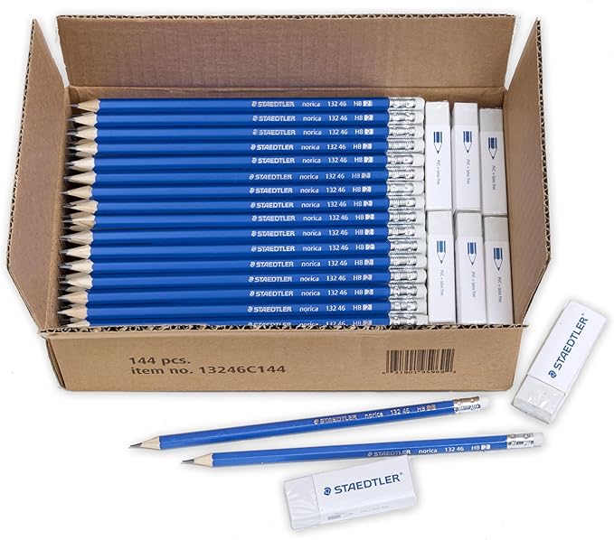 STAEDTLER Norica #2 HB Pencils Class Pack: 144 Pre-Sharpened Pencils + 12 Erasers, Bulk School Supplies Set, Break-Resistant Lead, Latex- & PVC-Free, For Writing, Testing, Drawing & Sketching