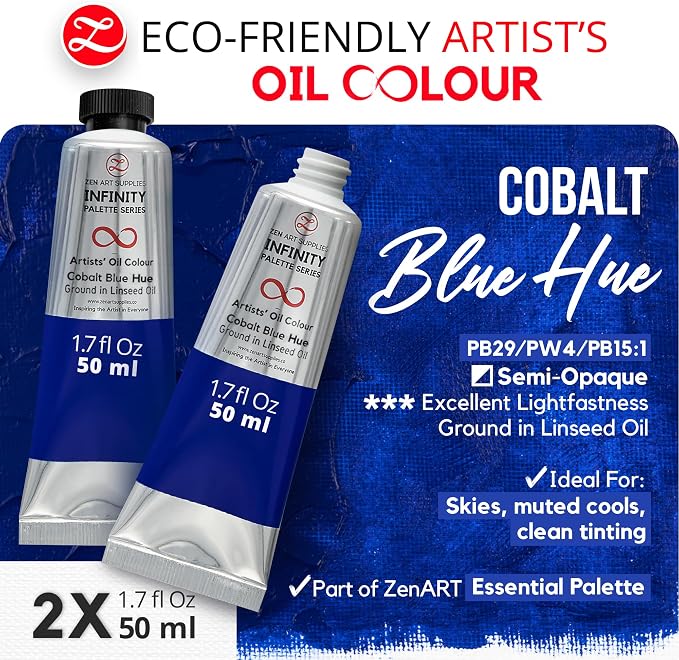 ZenART Professional Oil Paint Set - Artist Grade Cobalt Blue - 2x50ml | Non-Toxic, Buttery Consistency, Rich Pigment, Lightfast Oil Paints for Primed Surface Canvas, Fine Art, Portraits & Landscape