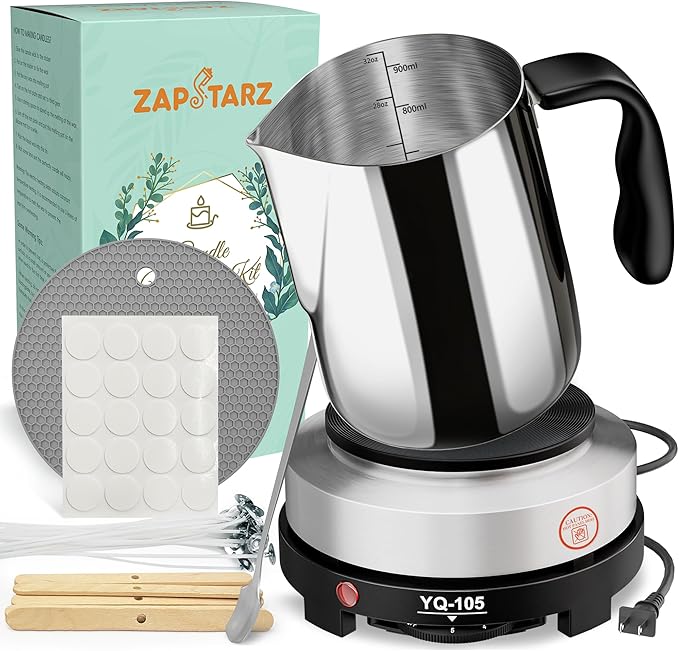 Zapstarz Candle Making Kit with Hot Plate, for Adults, Beginners | Candle Making Supplies with Wax Melting Pot, Candle Wicks, Stickers, Stirring Spoon, Anti-Scald Pad, Wooden Holders