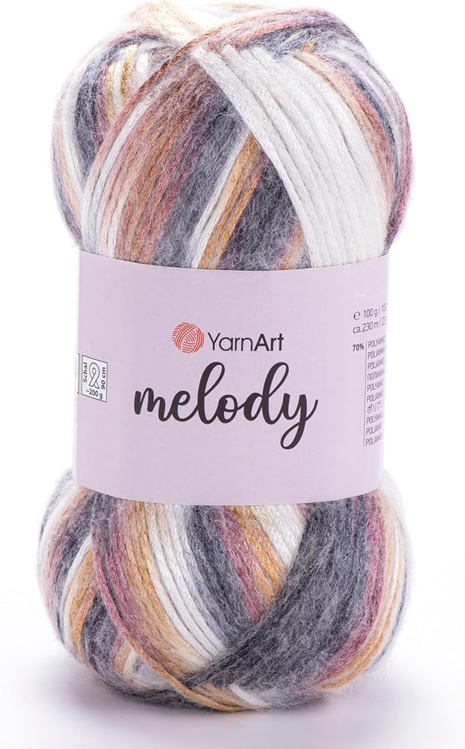 YarnArt Melody Variegated Chainette – Metallic Sheen Fiber for Knitting, Crochet & Embroidery, 100g (3.5 oz) Skein, 230m (251 yd), Premium Blend of 70% Polyamide 21% Acrylic 9% Wool (902)