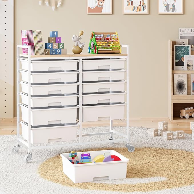 TOOLF 12 Drawers Rolling Storage Cart with Wooden Top for Classroom,White | Teacher Cart Craft Art Supply Organizer, Utility Cart with Lockable Wheels for Home Household Essentials, Office Organization