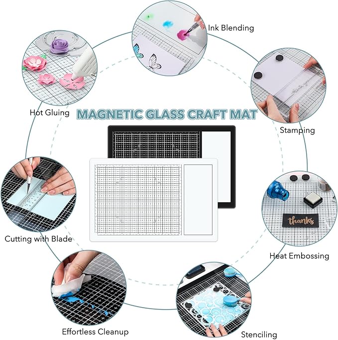 BAOFALI Magnetic Glass Craft Mat; 15.75"x10.24"Heat Resistant Glass Media Cutting Mat W/MagnetsGridlines and Measurements; for Cutting, Stamping, Mixed Media, Heat Embossing and Hot Glue Projects