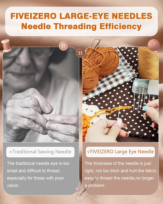 FIVEIZERO 80 PCS Large Eye Sewing Needles, Two 7 Sizes Sewing Sharp Needles, Leather Needle Embroidery Thread Needle, Stainless Steel Yarn Knitting Needles with Threaders for Handsewing Art Crafts