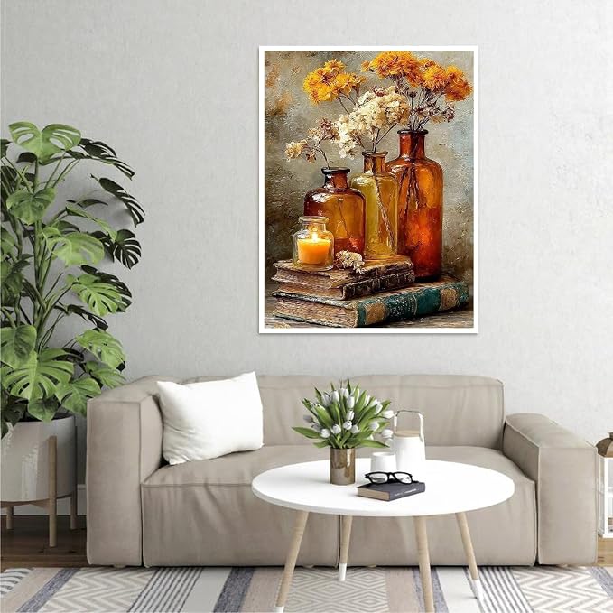 pchmcu Vintage Flower Book Paint by Number for Adults,Flowers in Vase Painting by Numbers,DIY Acrylic for Beginners Unframed,Easy Paint by Numbers Adults on Canvas for Decor 16x20inch