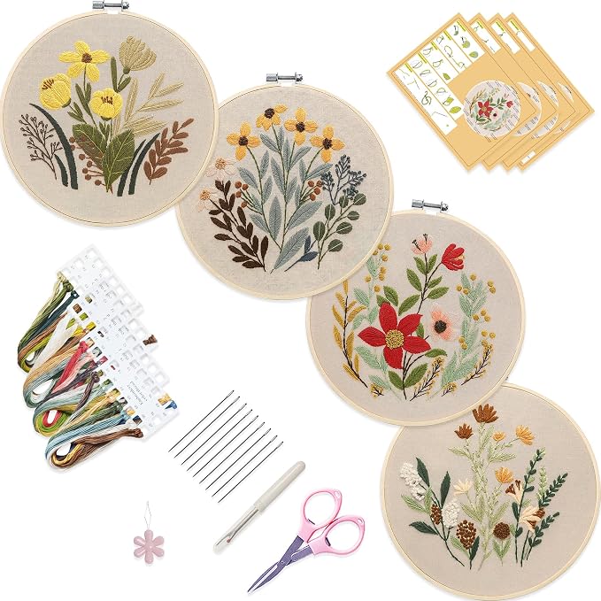 Bonroy 4 Sets Embroidery Set for Beginners, Art Craft, Easy Sewing, Includes Embroidery Clothing, Pattern, Embroidery Hoop, Instruction Manual, Colorful Thread Stitch Set (11)