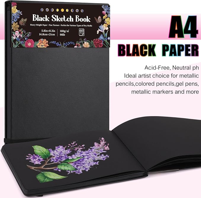 160gsm Black Paper Sketchbook 5.8 × 8.3 in, 50 Sheets Black Paper Notebook