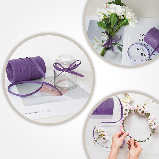 Raffia Ribbon Yarn for Crafts - Raffia Grass Twine for Gift Wrapping, DIY Decoration, Blinds & More | Matte String Paper Rope - 1/4'' Wide, 109 Yards, Purple