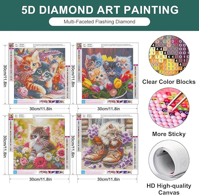 4 Pack Cat Diamond Art Kits for Adults 12 x 12inch