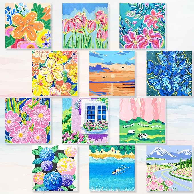 Nezyo 12 Sets Paint by Numbers with Frame for Adults, DIY Acrylic 8x8in | Beginner-friendly Canvas Kits, Party Activity or Birthday Gifts, Includes Brushes with Paints, Pre-framed Ready to Hang