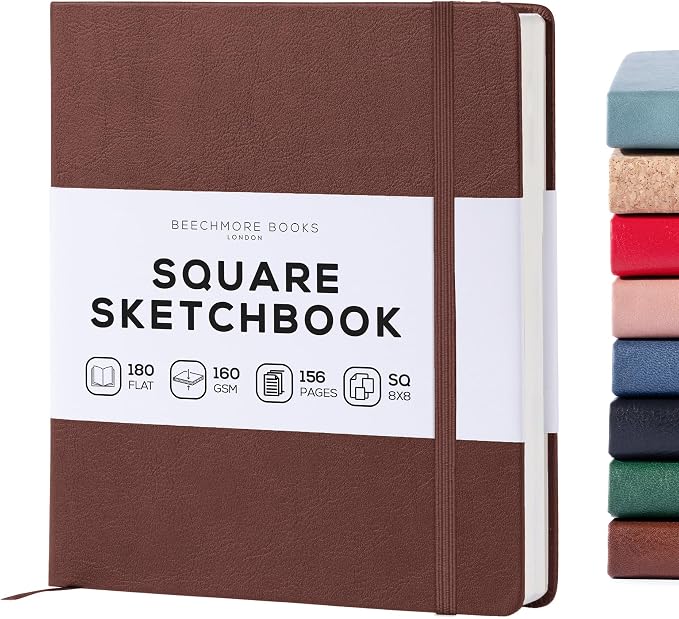 Beechmore Books 8x8 Square Mixed Media Sketchbook 160 GSM/98lb, Gift Box | Vegan Leather Hardcover Art Journal with Lay-Flat Binding, Perforated Ivory Pages for Drawing & Doodling