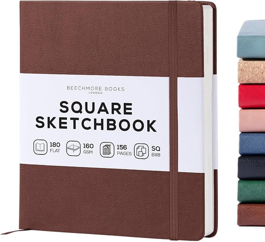 Beechmore Books 8x8 Square Mixed Media Sketchbook 160 GSM/98lb, Gift Box | Vegan Leather Hardcover Art Journal with Lay-Flat Binding, Perforated Ivory Pages for Drawing & Doodling