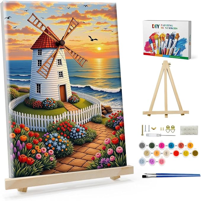 SparkGlow Windmail Paint by Number Kits for Adults with Frame, 8×12 Inch | Sunset Landscape Painting by Numbers, Premium Materials, Fun and Relax, Include Easel, Number Painting for Gift, Home Decor