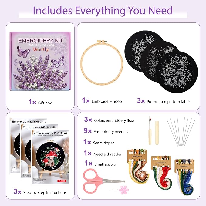 Uniartfy 3 Sets Embroidery Kit for Adults Beginners, Needlepoint Kits Cross Stitch, Hand Embroidery Starter Kit with Mushroom Stamped Patterns, Hoop, Tools, Colorful Threads with Needles, Instructions