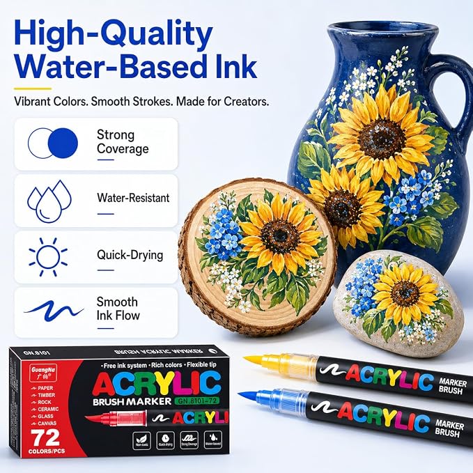 Amamao 72-Color Acrylic Paint Markers, Soft Brush Tip Pens for Rock, Wood