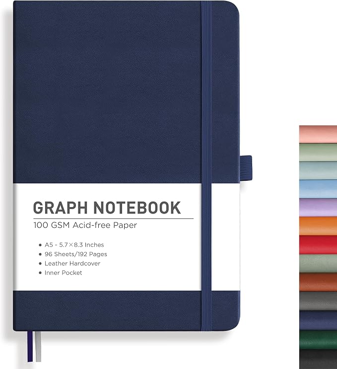 RETTACY Graph Grid Paper Notebook, 192 Pages, A5 Size (5.7'' x 8.3'') | 5 Squares per Inch, Leather Hardcover, 100 GSM Thick Paper, for School, Students, Math, Engineering (Navy blue)
