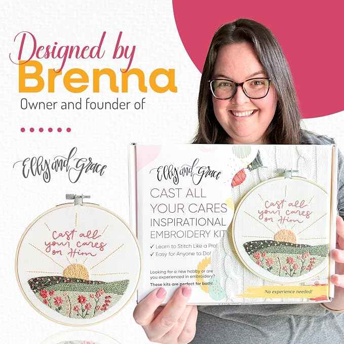 Elly & Grace Christian Embroidery Kit with Embroidery Hoop, Easy Embroidery Kit for Beginners and Adults, Full Embroidery Hoop Kit with Needles and Thread Included (Cast All Your Cares)