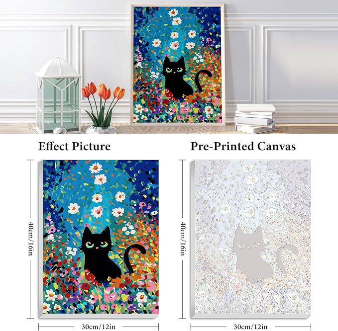 Fountor 12” W x 16”L Framed Paint by Numbers Kit for Adults Beginner, Black Cat Adult Paint by Number Kits on Canvas, Cat Flowers Acrylic Painting by Numbers for Home Decor Gift