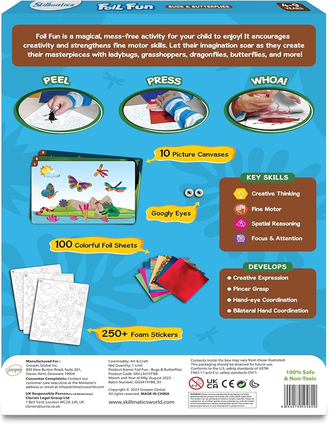 Skillmatics Foil Fun Bugs & Butterflies, Foil Art, Gift for Boys & Girls | Travel Toys, Sticker Activity Kit, Fine Motor Skills, DIY Mess-Free Art, Screen-Free, Gifts for Kids Ages 4, 5, 6, 7, 8, 9