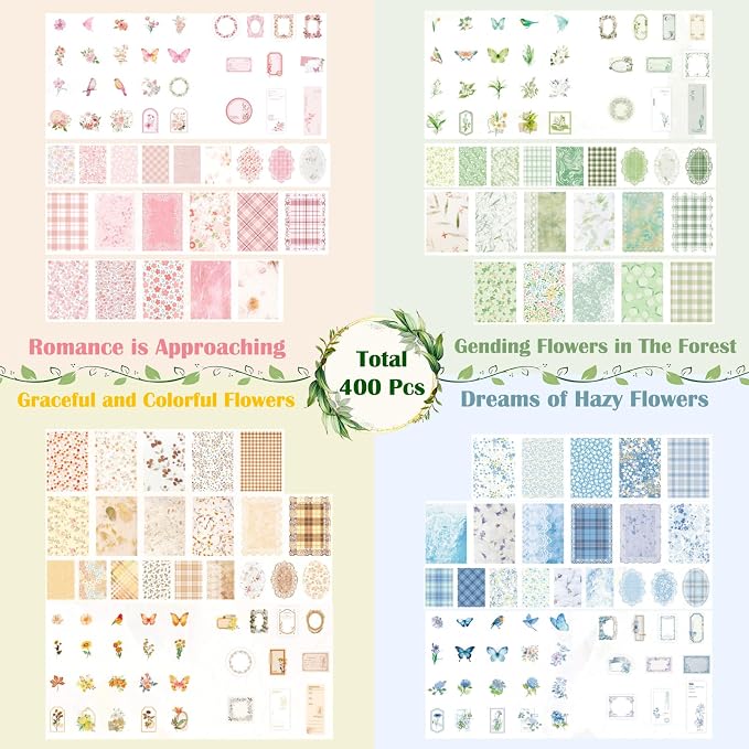 400 Pcs Floral Scrapbook Paper & Stickers, 4 Packs Scrapbook Supplies Kit, Junk Journal Scrapbooking Paper for Journaling, Scrapbooking Embellishments, Planner, Card Making