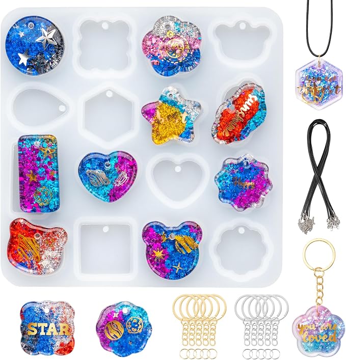 HeyClear UV Resin Molds Silicone for Keychain, Pendant Necklace, Jewelry | 16 Cavities Epoxy Resin Molds with Hole, Jewelry & Keychain Making Craft Supplies