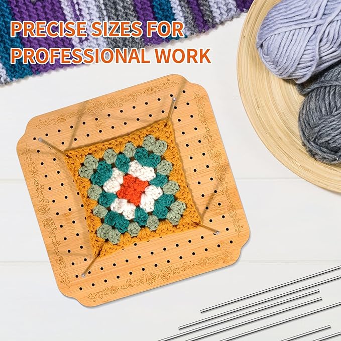 CraftyManor 7.6 in Blocking Boards for Crochet Projects with Rose Pattern, Crochet Blocking Board with Pegs, Granny Square Blocking Board with 20 Stainless Steel Pegs, Bamboo