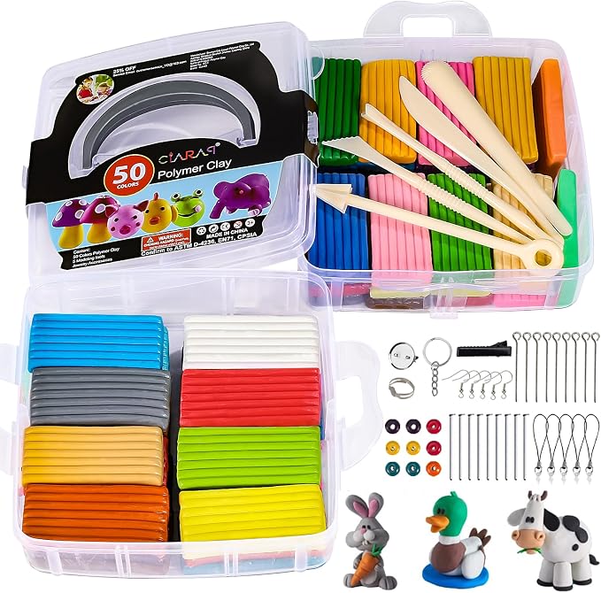CiaraQ 50-Color Polymer Clay Oven Bake Modeling Kit | 5 sculpting tools, 2-layer storage box, acc. pack, guide. Great for school, home, gifts, kids & artists.