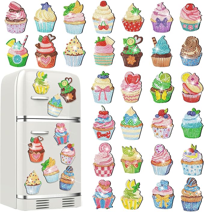 Remuuly 30 Pcs Cupcake Diamond Painting Magnet Diamond Art Kits for Adults | Cake Refrigerator Magnets, Cupcake 5D Rhinestone, Fridge Magnetic Sticker, Small Diamond Club Gifts, Beginner DIY Crafts